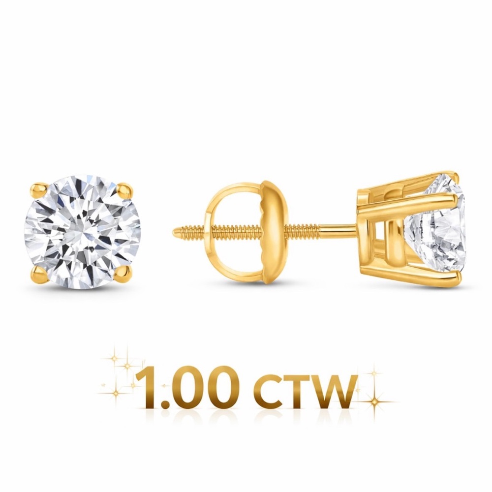 1 Ct Round Lab Grown Diamond Earrings 14K Solid Yellow Gold E/VS1 Basket Screw